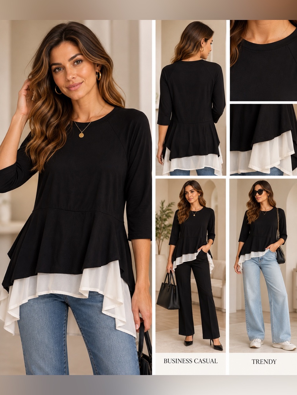 MOA USA Black Long-Sleeve Layered Peplum Top with White Ruffle Hem